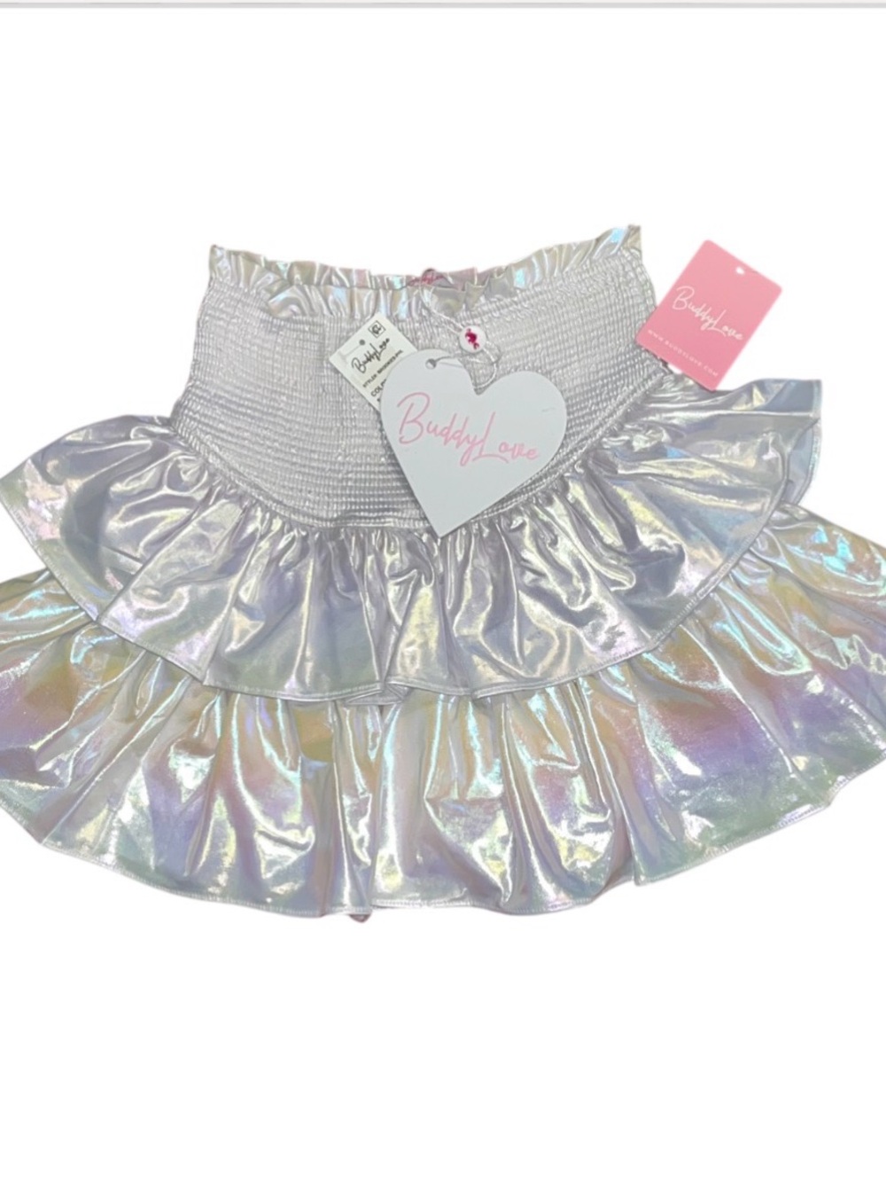 Buddy Love White Shimmer Mini Skirt Lined Shorts Ruffle Smock NWT Girls  Medium